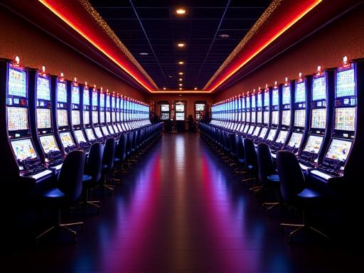 Fila di slot machine illuminate in una sala da gioco elegante