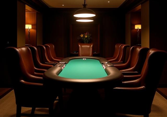 Sala poker privata con tavolo professionale e sedie in pelle